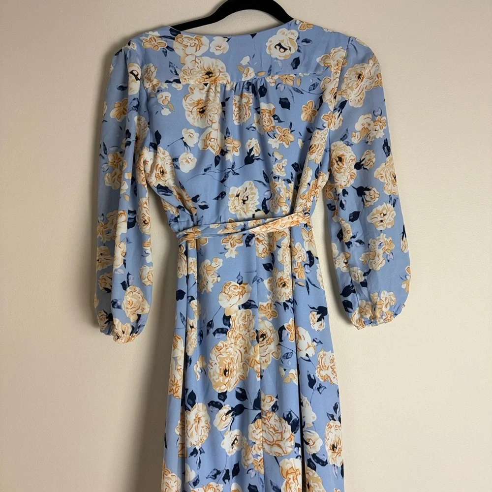 Mi Ami Women's Blue Yellow Floral Wrap Hi Low Midi Dress Size M - Picture 8 of 14